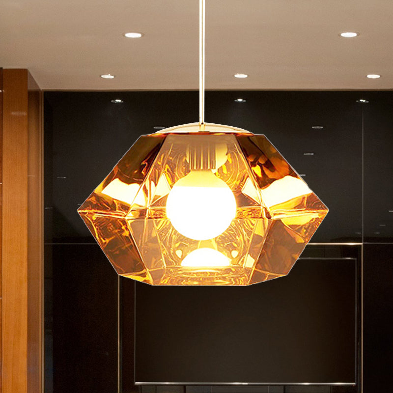 Diamond Pendant Lighting: Post-Modern Glass Ceiling Light With Linear/Stout Shade - Clear/Amber