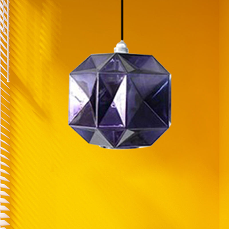 Modern Glass Diamond Pendant Light - Hanging Ceiling Light with 1 Blue/Gold/Amber Glass Light