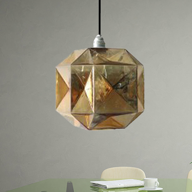 Modern Glass Diamond Pendant Light - Hanging Ceiling Light with 1 Blue/Gold/Amber Glass Light