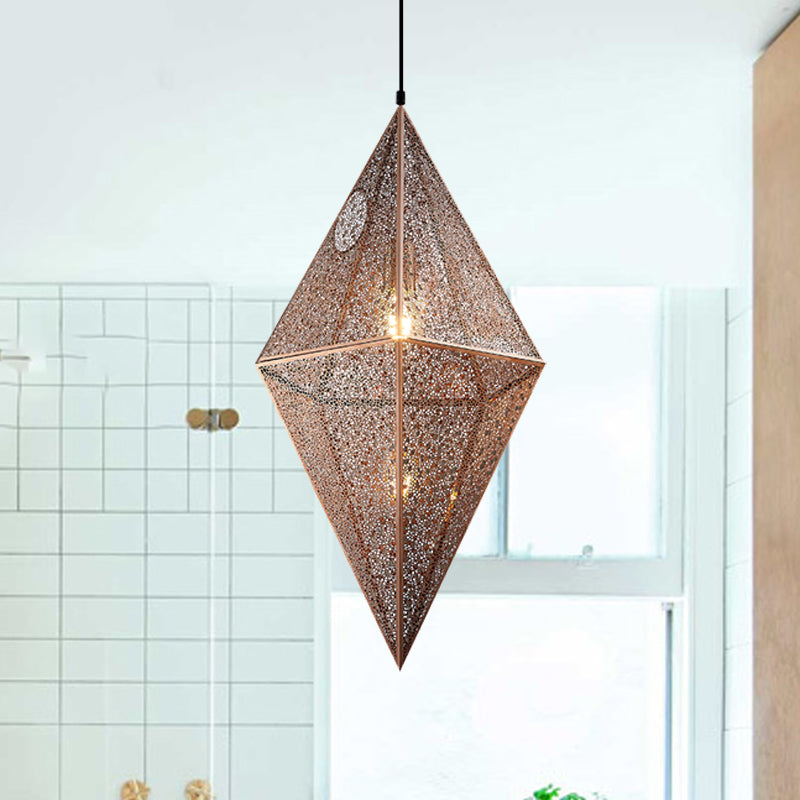 Diamond Ceiling Lighting - 10"/14"W Post-Modern Metal Pendant with Wire Mesh Cage, Gold/Rose Gold - 1 Light