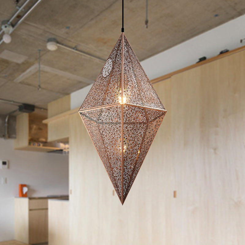 Diamond Ceiling Lighting - 10"/14"W Post-Modern Metal Pendant with Wire Mesh Cage, Gold/Rose Gold - 1 Light