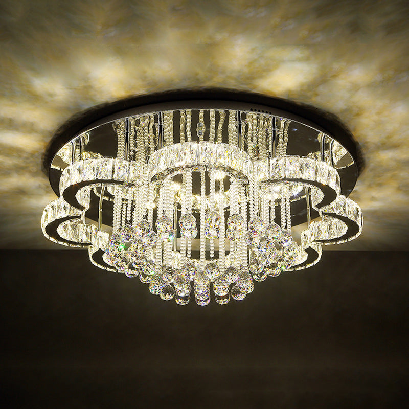 Modern Chrome Flush Mount Light With K9 Crystal For Living Room Ceiling / 18 Third Gear
