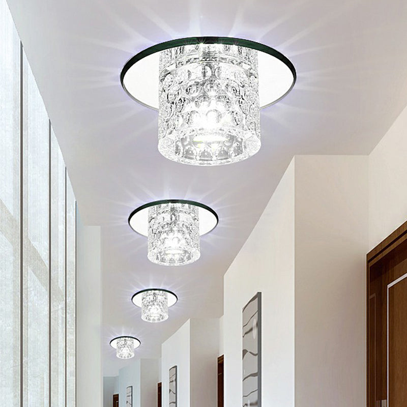 Crystal Clear LED Flush Ceiling Light for Corridor - Sleek Cylindrical Design with Dimpled Simplicity