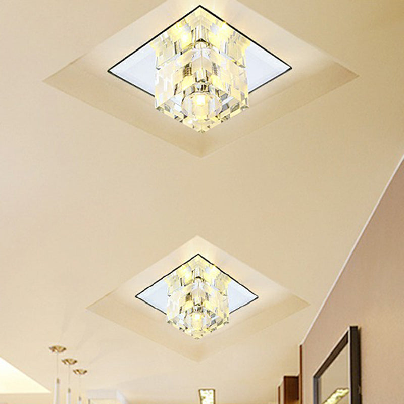 Minimalist LED Ceiling Lamp with Clear Crystal Cube Flush Mount & Checkered Pattern for Living Room