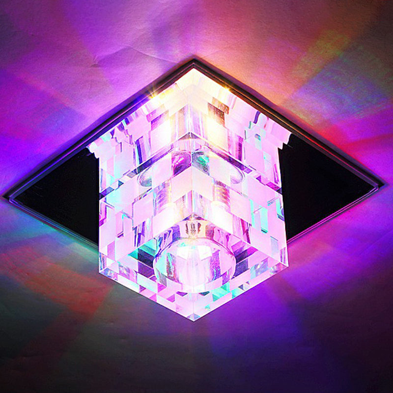 Minimalist LED Ceiling Lamp with Clear Crystal Cube Flush Mount & Checkered Pattern for Living Room