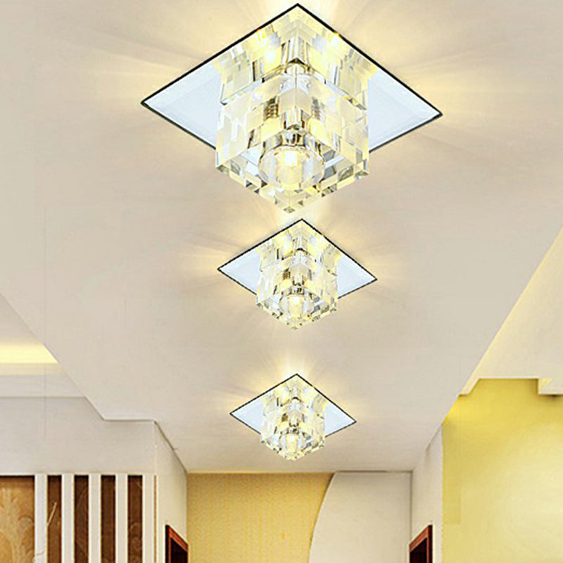 Minimalist LED Ceiling Lamp with Clear Crystal Cube Flush Mount & Checkered Pattern for Living Room