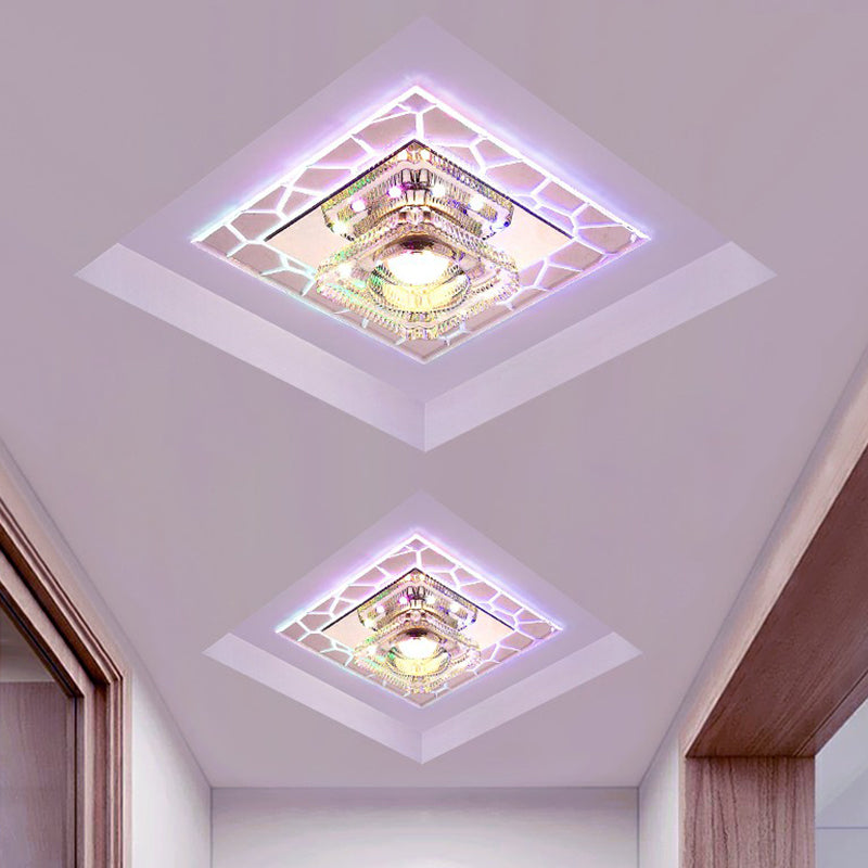Clear LED Square Ceiling Lamp: Prismatic Crystal Flush Mount Fixture for Entryway - Minimalist Lighting