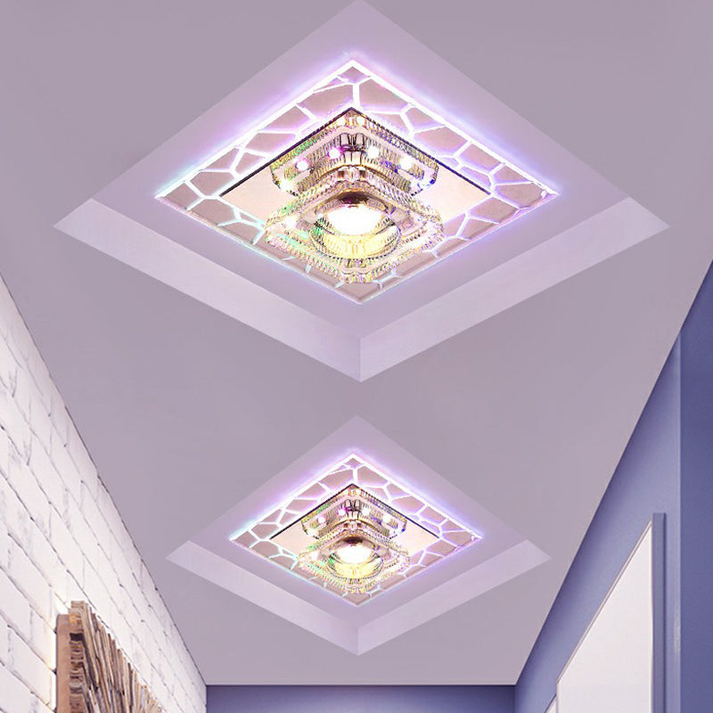 Clear LED Square Ceiling Lamp: Prismatic Crystal Flush Mount Fixture for Entryway - Minimalist Lighting