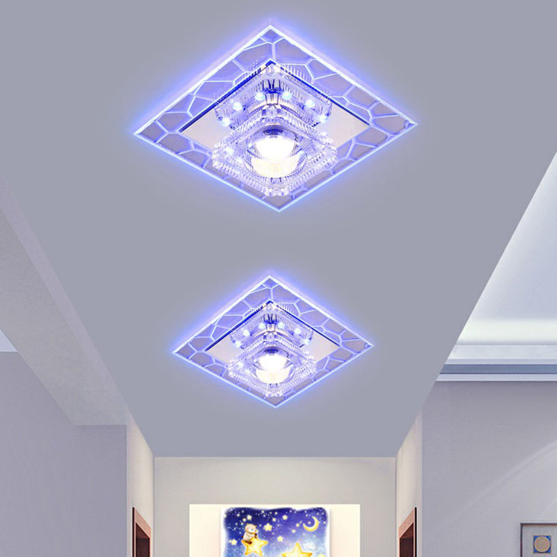 Clear LED Square Ceiling Lamp: Prismatic Crystal Flush Mount Fixture for Entryway - Minimalist Lighting