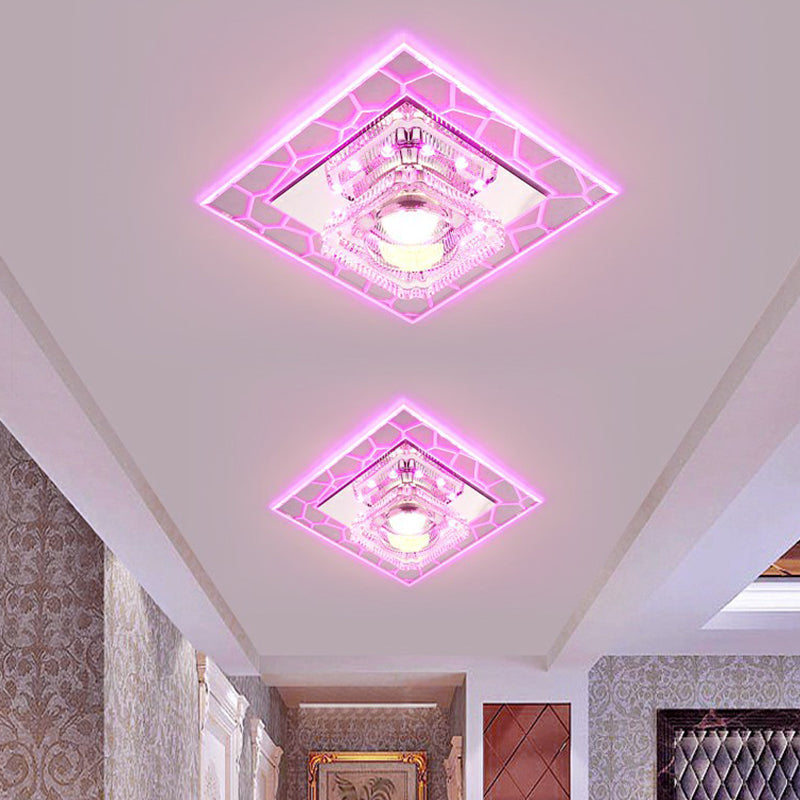 Clear LED Square Ceiling Lamp: Prismatic Crystal Flush Mount Fixture for Entryway - Minimalist Lighting