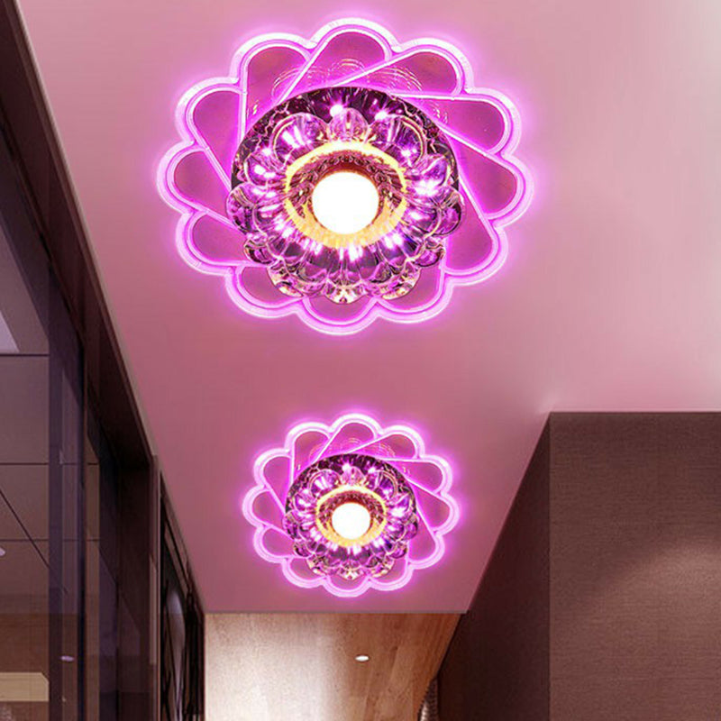 Contemporary Crystal LED Flush Mount Ceiling Light - Clear Flower Design for Hallway