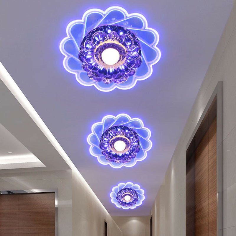 Contemporary Crystal LED Flush Mount Ceiling Light - Clear Flower Design for Hallway