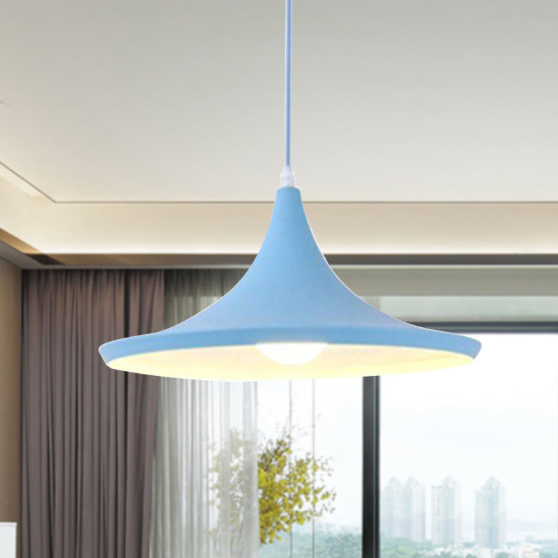 Hanging Macaron Style Cone Pendant Light - Pink/Yellow/Blue 1/3 Metal Linear/Round Canopy Blue /