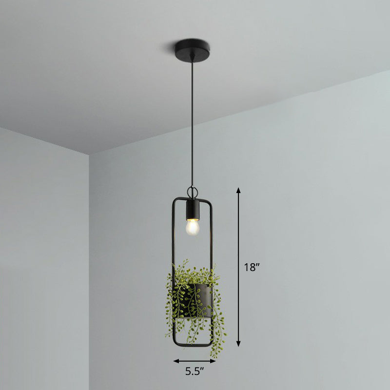 Industrial Black Metal Hanging Pendant Light with Faux Pot Plant and Bare Bulb Design
