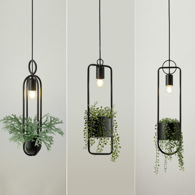Industrial Black Metal Hanging Pendant Light with Faux Pot Plant and Bare Bulb Design