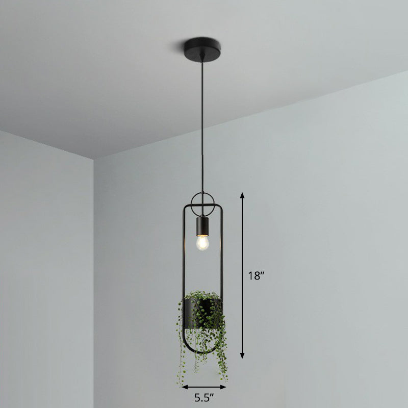 Industrial Black Metal Hanging Pendant Light with Faux Pot Plant and Bare Bulb Design
