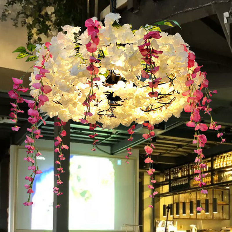 Luminaire suspendu en métal de style loft avec fleurs artificielles - Lampe suspendue ronde à 3 ampoules pour restaurants