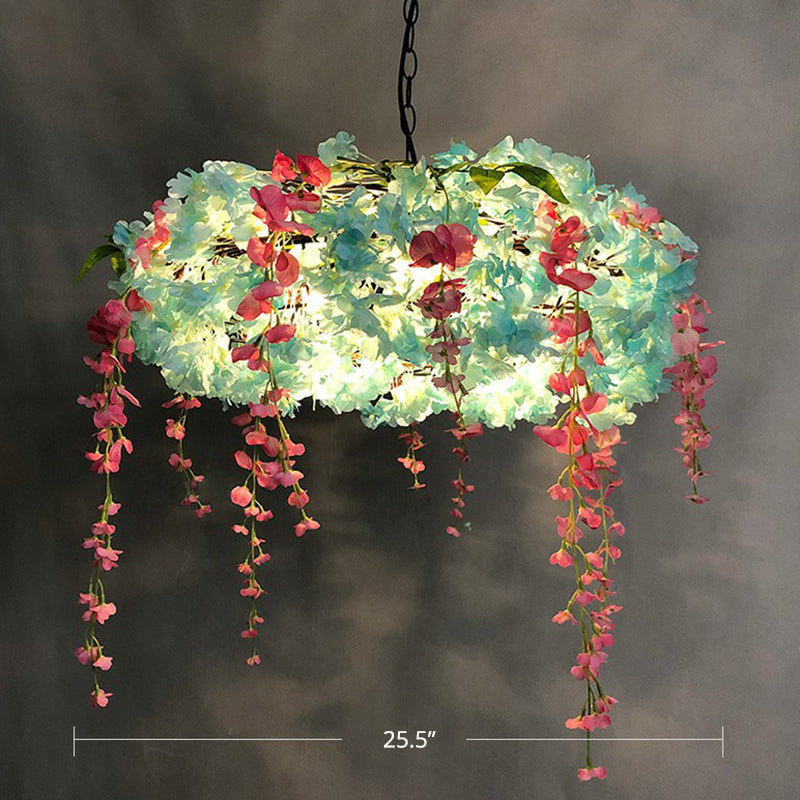 Luminaire suspendu en métal de style loft avec fleurs artificielles - Lampe suspendue ronde à 3 ampoules pour restaurants