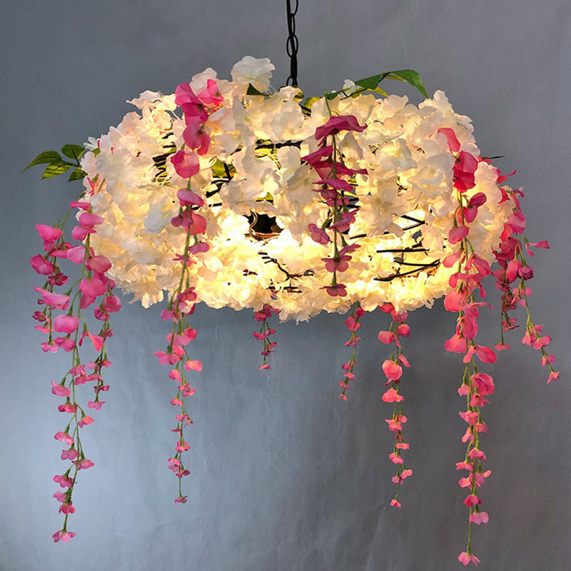 Luminaire suspendu en métal de style loft avec fleurs artificielles - Lampe suspendue ronde à 3 ampoules pour restaurants