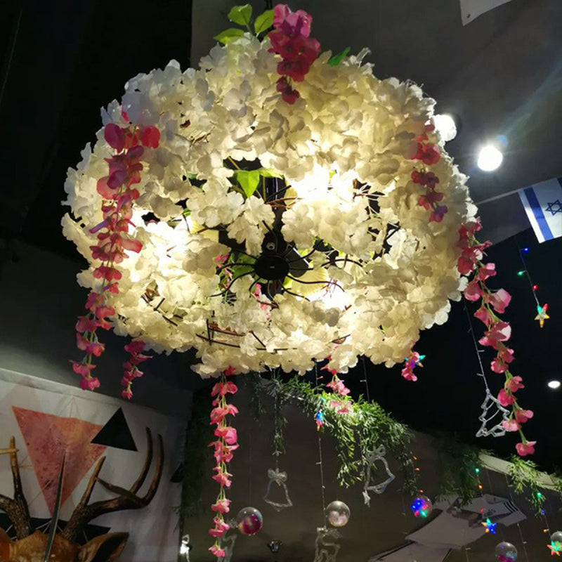 Luminaire suspendu en métal de style loft avec fleurs artificielles - Lampe suspendue ronde à 3 ampoules pour restaurants