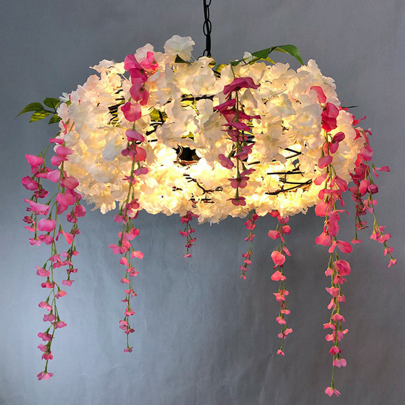 Luminaire suspendu en métal de style loft avec fleurs artificielles - Lampe suspendue ronde à 3 ampoules pour restaurants