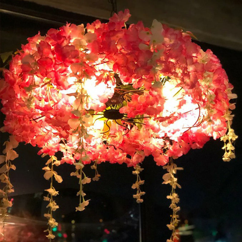 Luminaire suspendu en métal de style loft avec fleurs artificielles - Lampe suspendue ronde à 3 ampoules pour restaurants