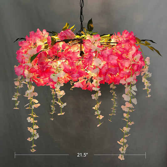 Luminaire suspendu en métal de style loft avec fleurs artificielles - Lampe suspendue ronde à 3 ampoules pour restaurants