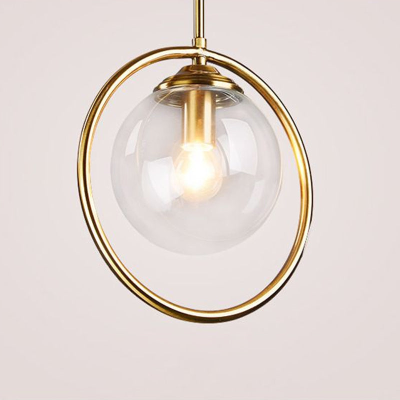 Minimalist Brass Plated Ball Drop Pendant Light with Clear Glass and Ring Decoration