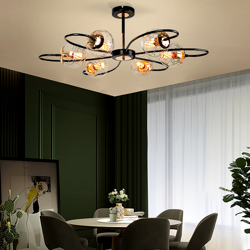 Minimalist Black Floral Swirl Chandelier Pendant Light with Clear Glass Ball for Living Room