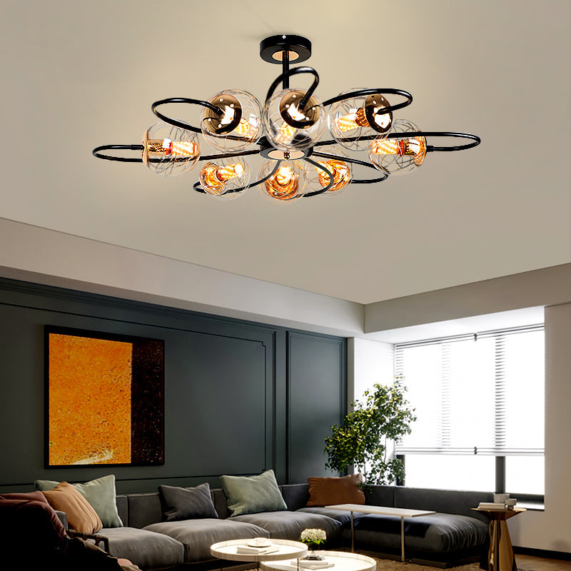 Minimalist Black Floral Swirl Chandelier Pendant Light with Clear Glass Ball for Living Room