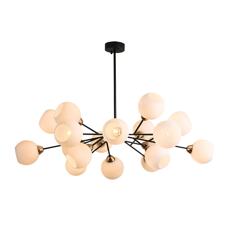 Lustre suspendu contemporain noir Sputnik avec éclairage en verre blanc