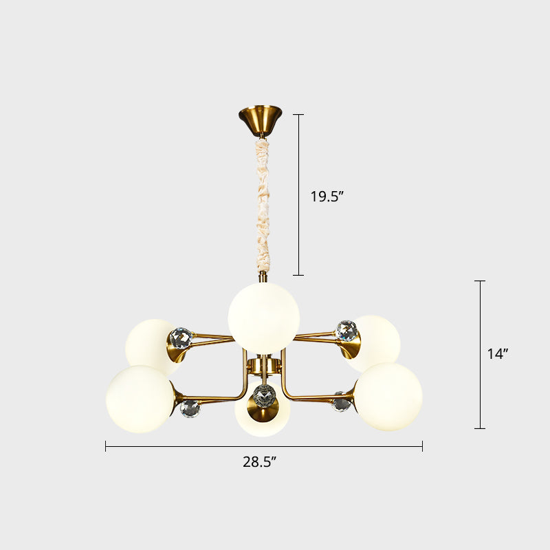 Sleek Brass Sputnik Bedroom Chandelier - Modern Glass Ceiling Light 6 / White