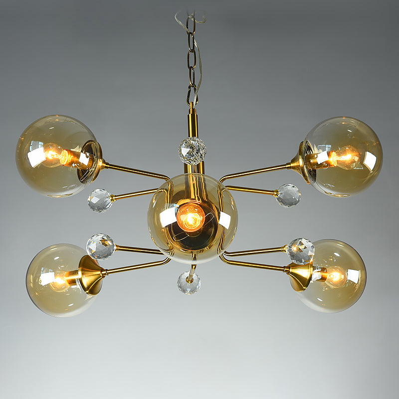 Sleek Brass Sputnik Bedroom Chandelier - Modern Glass Ceiling Light 6 / Amber