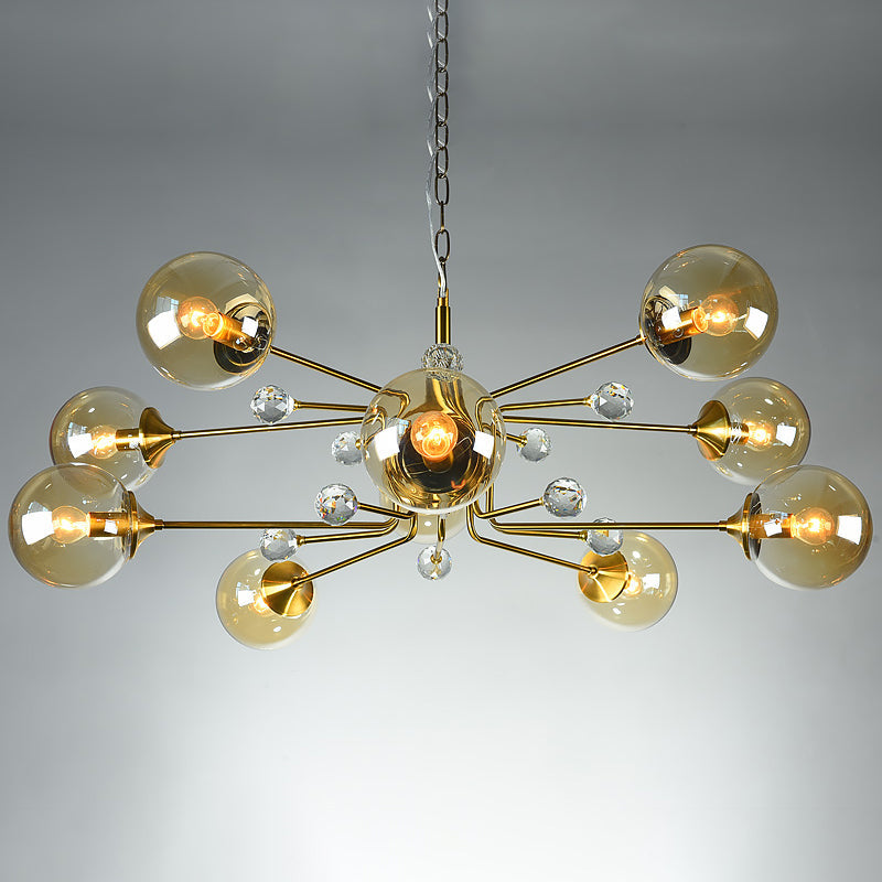 Sleek Brass Sputnik Bedroom Chandelier - Modern Glass Ceiling Light 10 / Amber