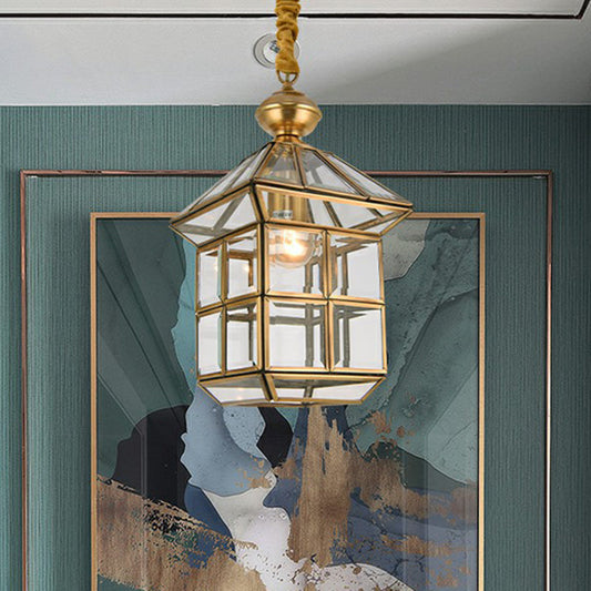 Vintage Glass House Shaped Pendant Lamp - Brass Hanging Light Fixture With 1 Bulb / 6 Clear