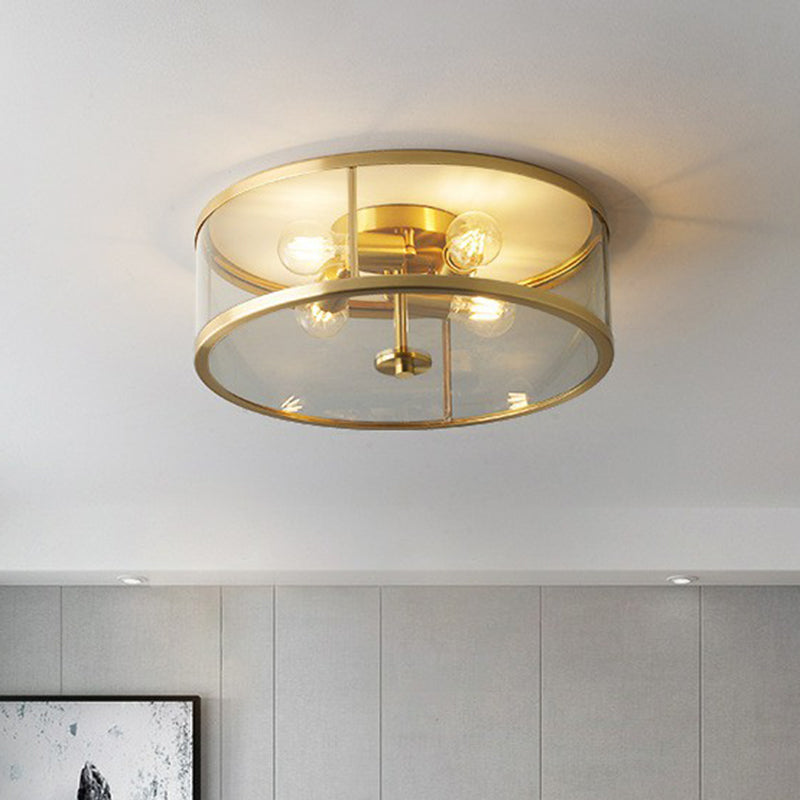 Simplicity Brass Clear Glass 4-Bulb Drum Flush Ceiling Light for Bedroom