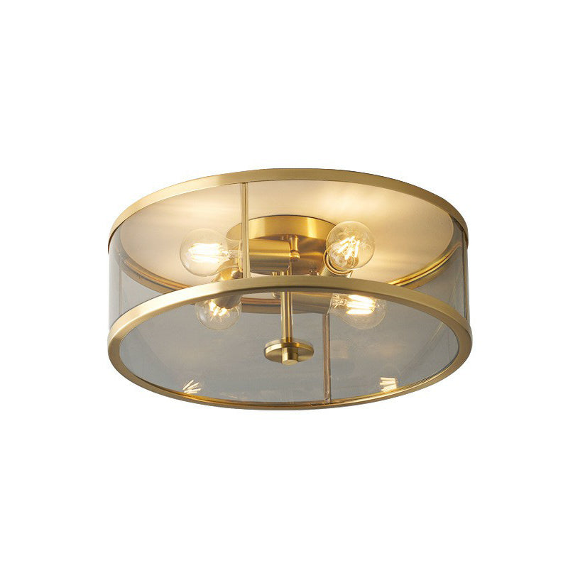 Simplicity Brass Clear Glass 4-Bulb Drum Flush Ceiling Light for Bedroom