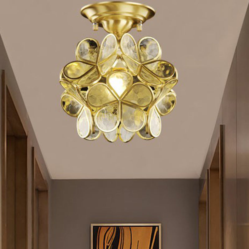 Vintage Brass Flower Flushmount Ceiling Light with Clear Glass - Ideal for Foyer and More!
