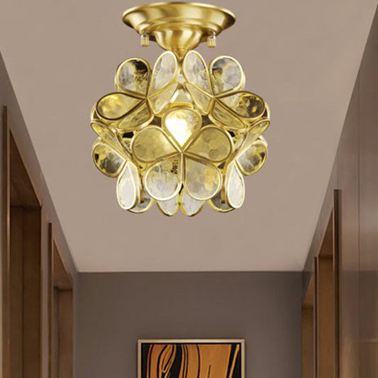 Vintage Brass Flower Flushmount Ceiling Light with Clear Glass - Ideal for Foyer and More!