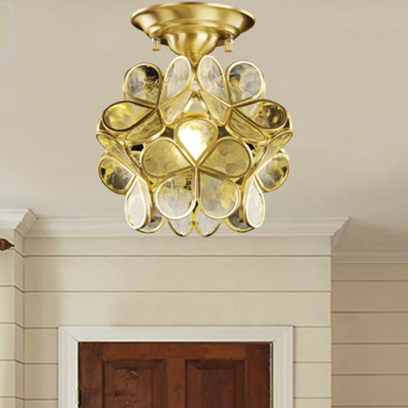Vintage Brass Flower Flushmount Ceiling Light with Clear Glass - Ideal for Foyer and More!