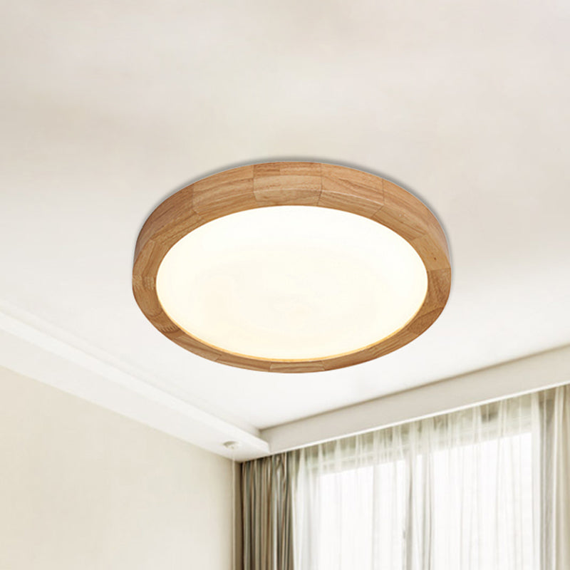 Contemporary Round Wood Flush Light Fixture for Bedroom - Single Light Ceiling Lamp (12"/16" Dia) in Warm/White Light