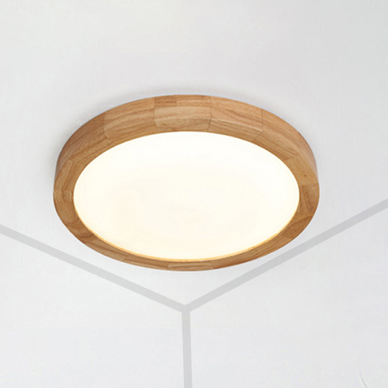 Contemporary Round Wood Flush Light Fixture for Bedroom - Single Light Ceiling Lamp (12"/16" Dia) in Warm/White Light