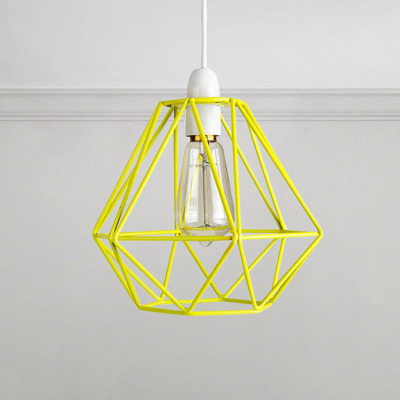 Suspension industrielle à cadre en fil de fer jaune/blanc - Lampe en métal moderne pour salon