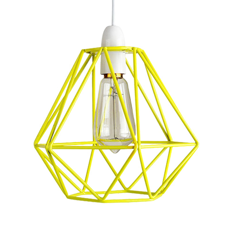 Suspension industrielle à cadre en fil de fer jaune/blanc - Lampe en métal moderne pour salon