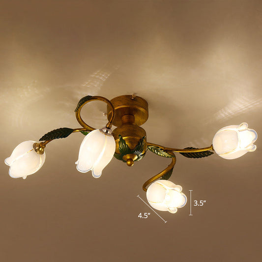 Pastoral Style White Glass Blossom Ceiling Light - Semi Flush Mount Lamp in Brass for Bedroom