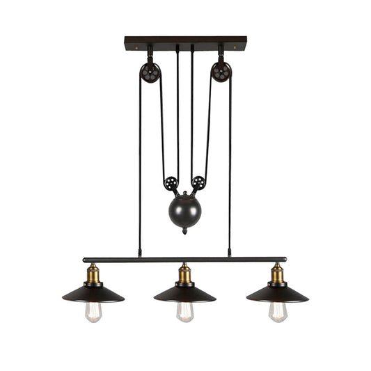 Industrial Black Wide Flare Pulley Pendant Light For Restaurant - 3 Bulb Hanging Island Fixture