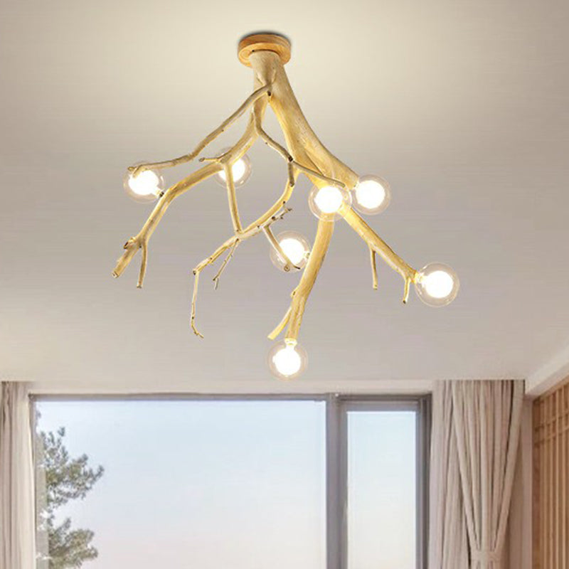 Japanese-Style Wood Tree Branch Ceiling Light: 8-Bulb Metal Semi Flush Mount for Dining Room