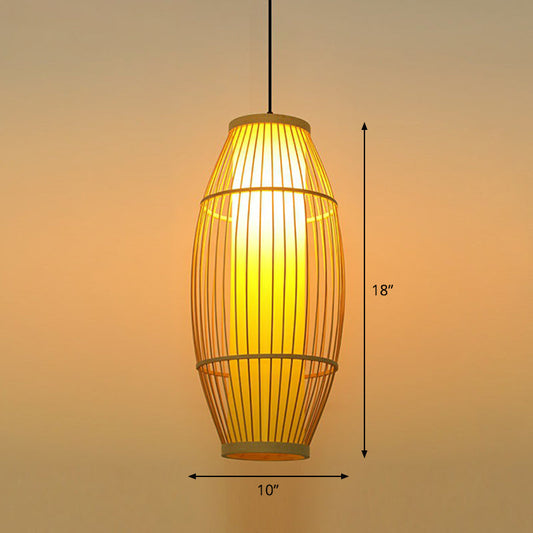Bamboo Barrel Asian Pendant Light for Restaurants - Wood Finish with 1 Bulb