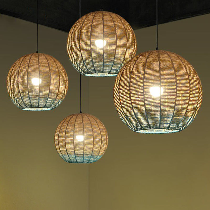 Spherical Rattan Pendant Lamp: Asian Inspired Restaurant Ceiling Light with Wood and Blue Accents