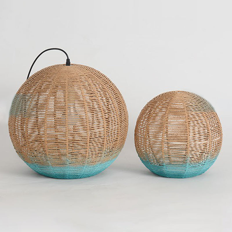 Wooden And Blue Asian Spherical Pendant Lamp - Creative Rattan Design For Restaurant Ceiling